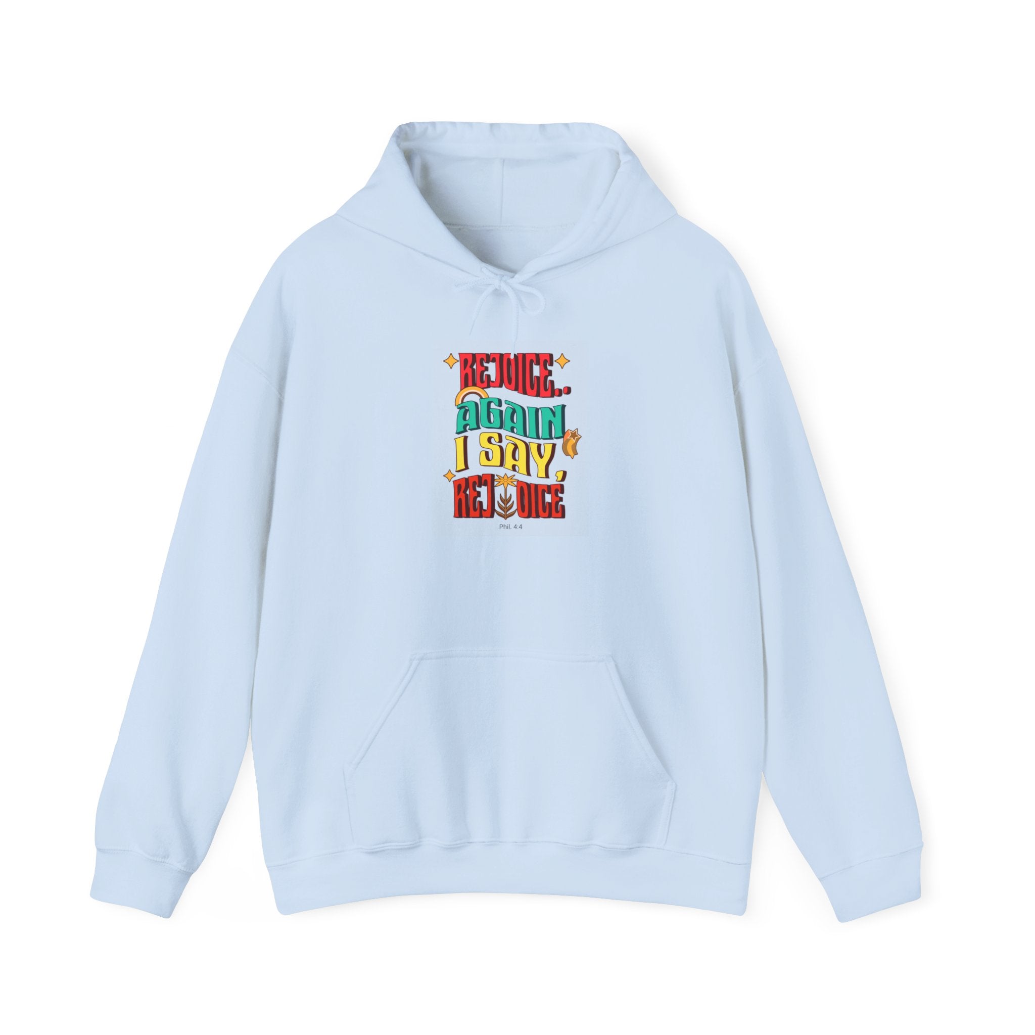 Retro Colorful Quote Hoodie — "Rejoice, again I say rejoice."