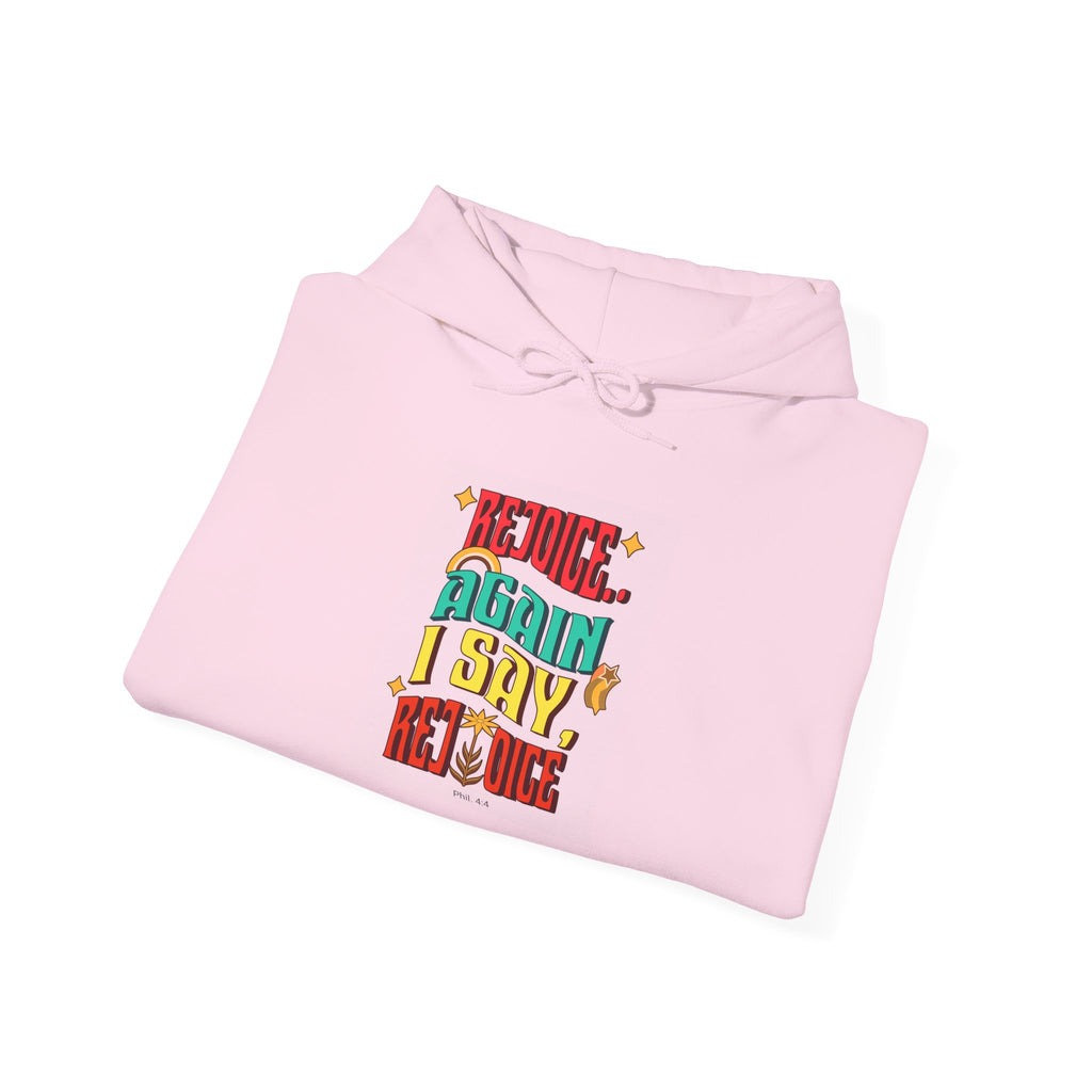 Retro Colorful Quote Hoodie — "Rejoice, again I say rejoice."