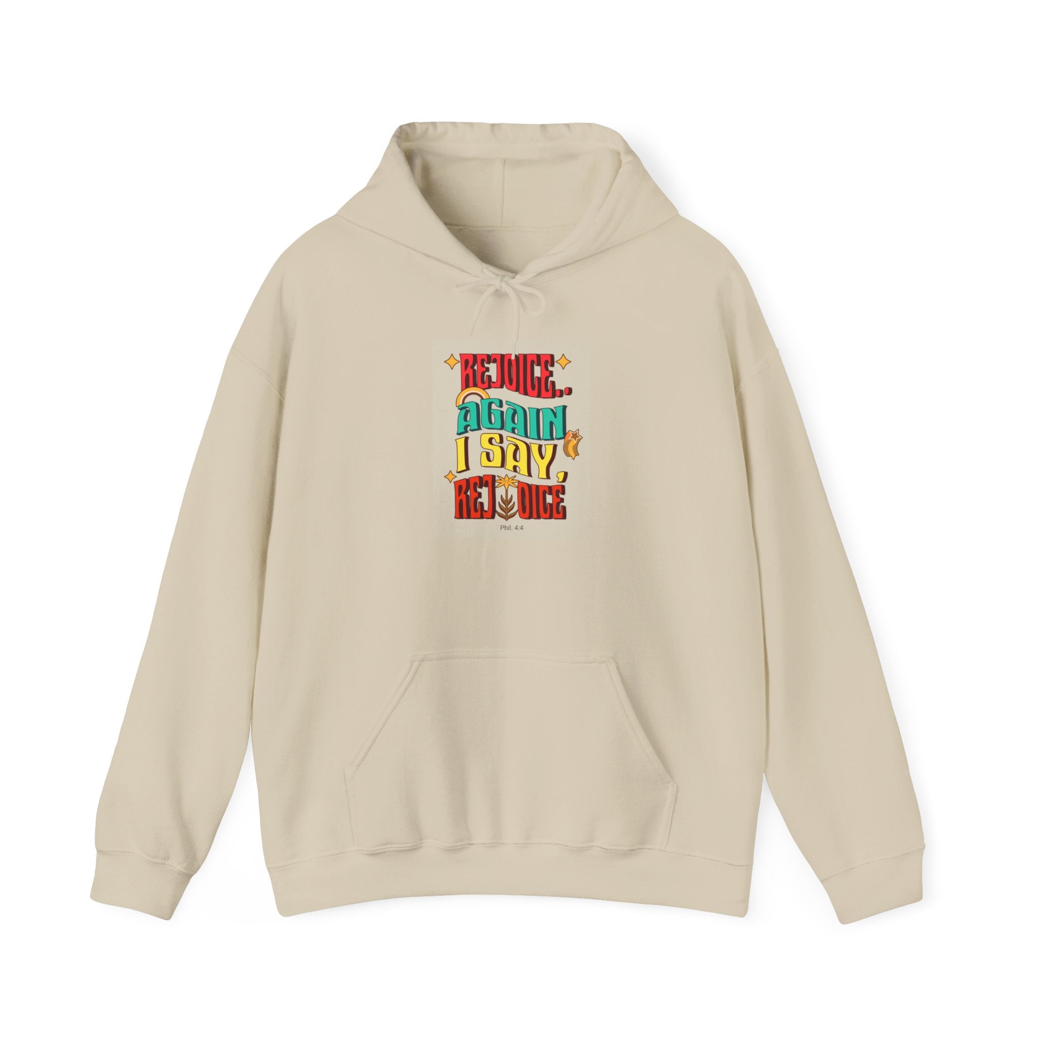 Retro Colorful Quote Hoodie — "Rejoice, again I say rejoice."