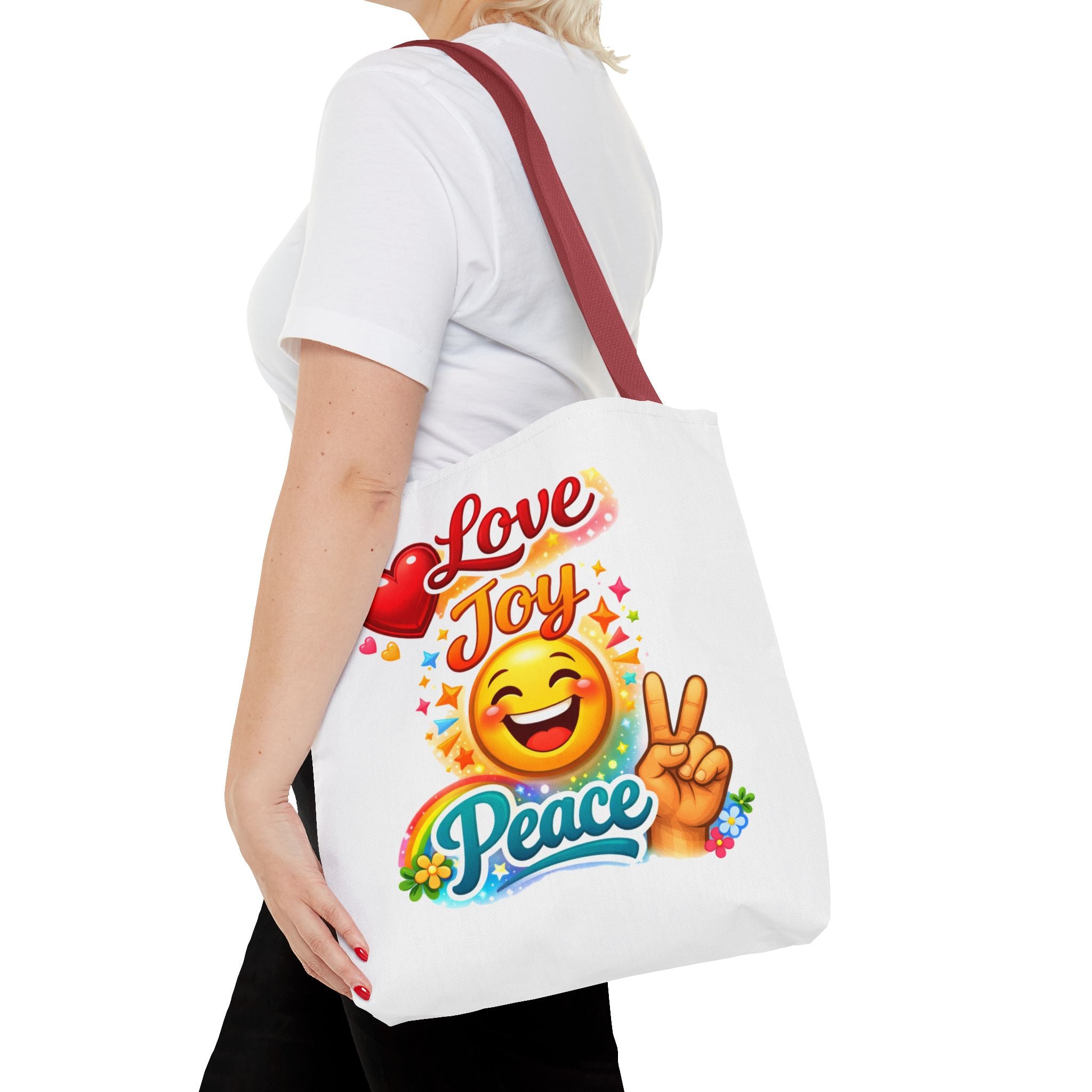 Love Joy Peace Emoji Tote Bag – Cute Peace Sign, Heart & Smiley Shopper