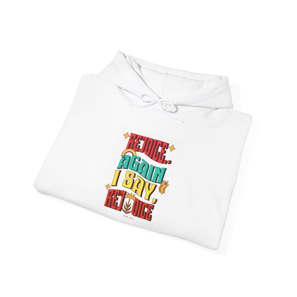 Retro Colorful Quote Hoodie — "Rejoice, again I say rejoice."