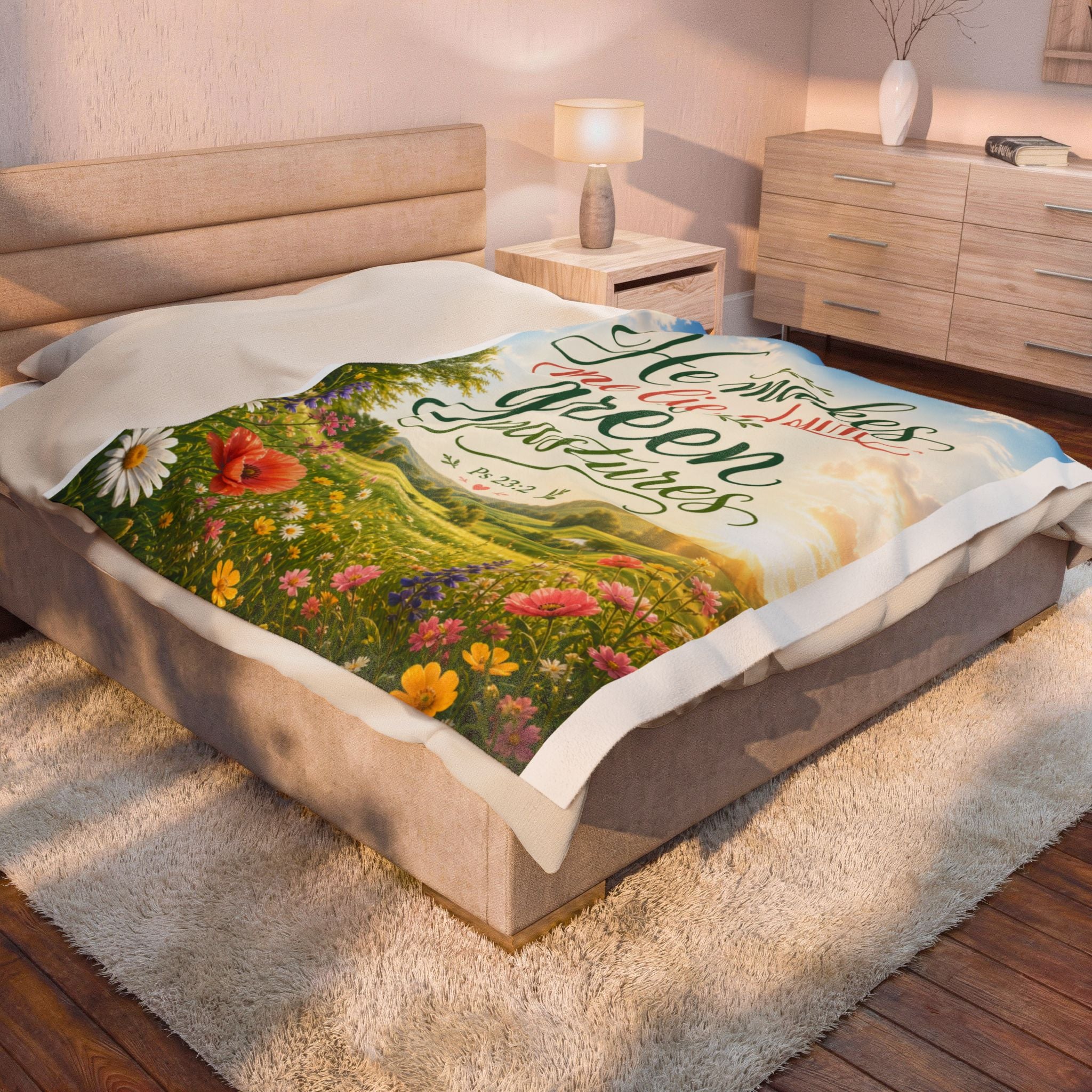 Velveteen Plush Blanket — "He Makes Me Lie Down in Green Pastures" Christian Scripture Throw