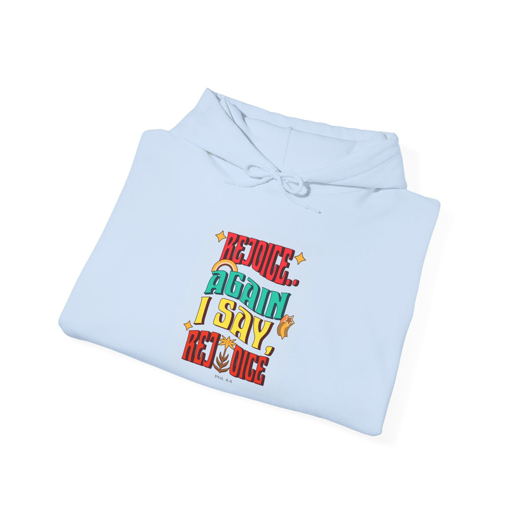 Retro Colorful Quote Hoodie — "Rejoice, again I say rejoice."