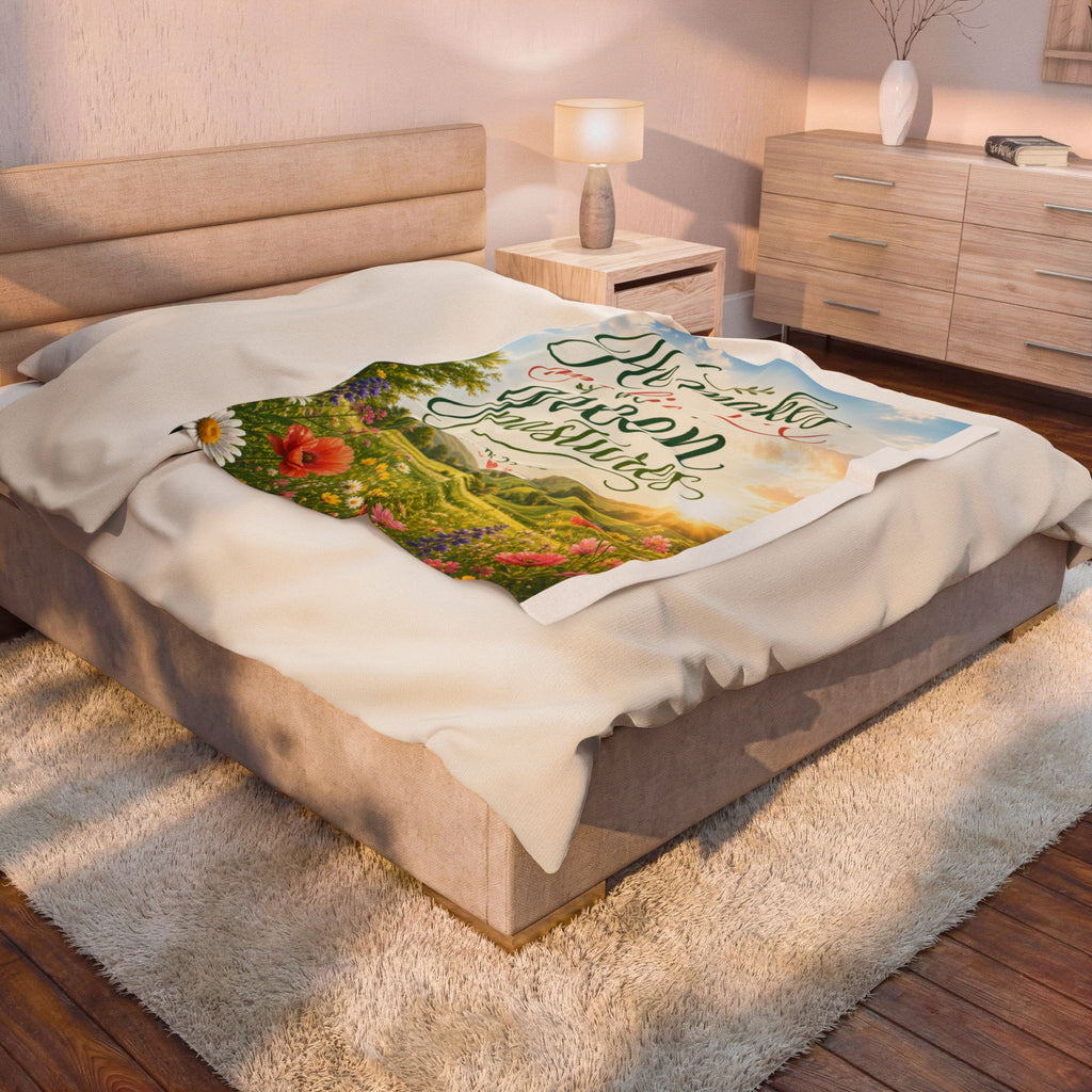 Velveteen Plush Blanket — "He Makes Me Lie Down in Green Pastures" Christian Scripture Throw