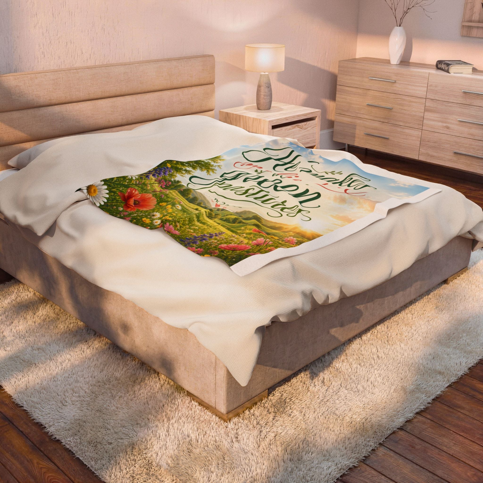 Velveteen Plush Blanket — "He Makes Me Lie Down in Green Pastures" Christian Scripture Throw