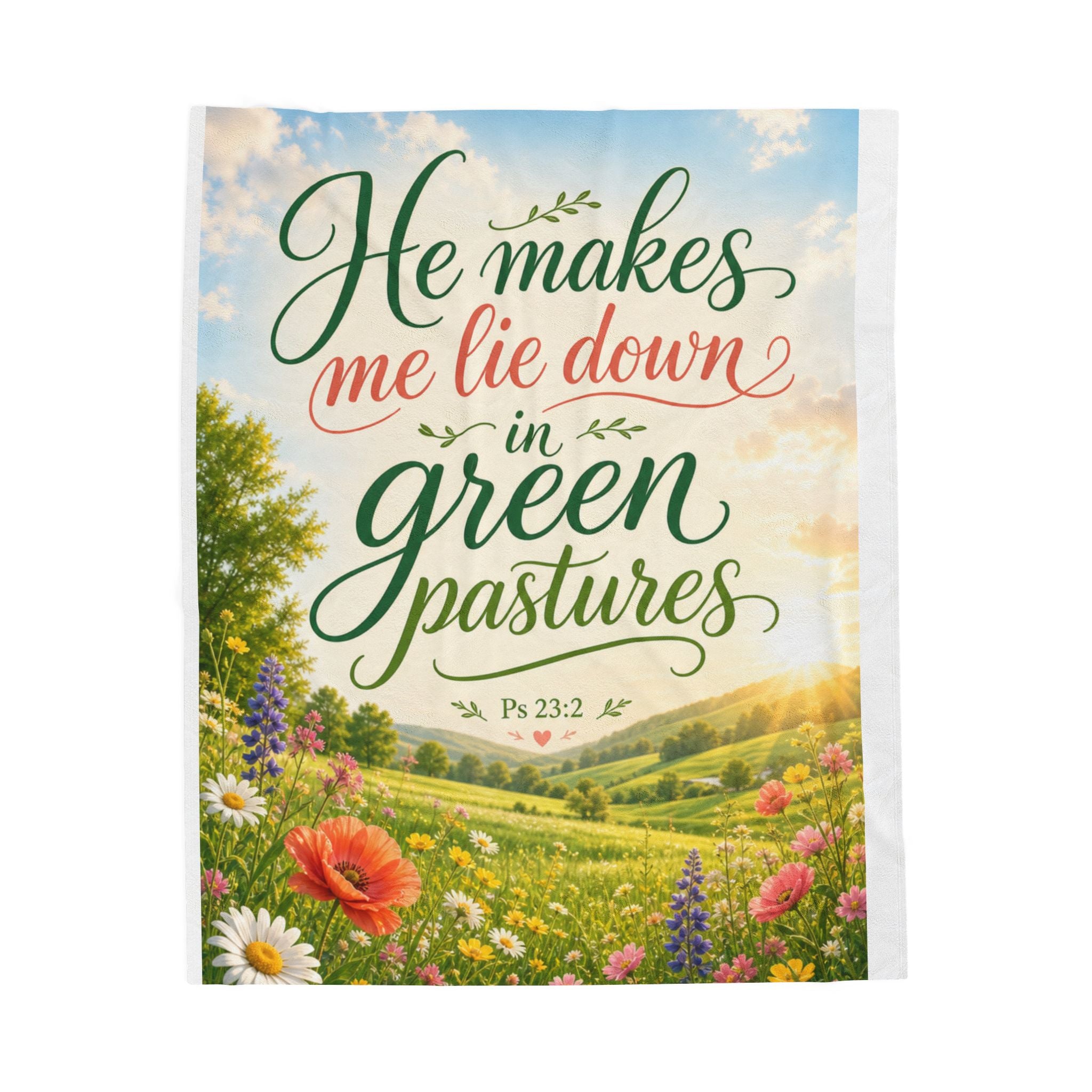 Velveteen Plush Blanket — "He Makes Me Lie Down in Green Pastures" Christian Scripture Throw