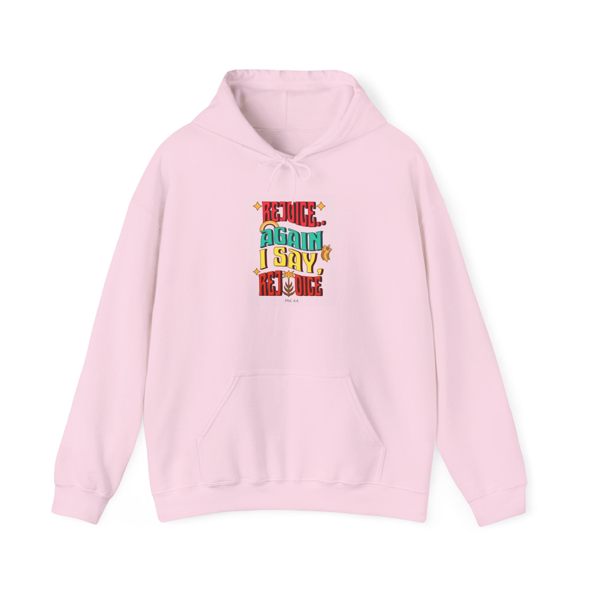 Retro Colorful Quote Hoodie — "Rejoice, again I say rejoice."