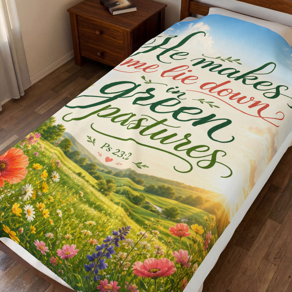 Velveteen Plush Blanket — "He Makes Me Lie Down in Green Pastures" Christian Scripture Throw