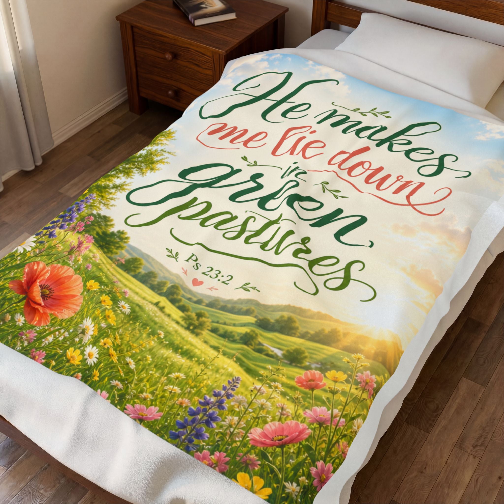 Velveteen Plush Blanket — "He Makes Me Lie Down in Green Pastures" Christian Scripture Throw