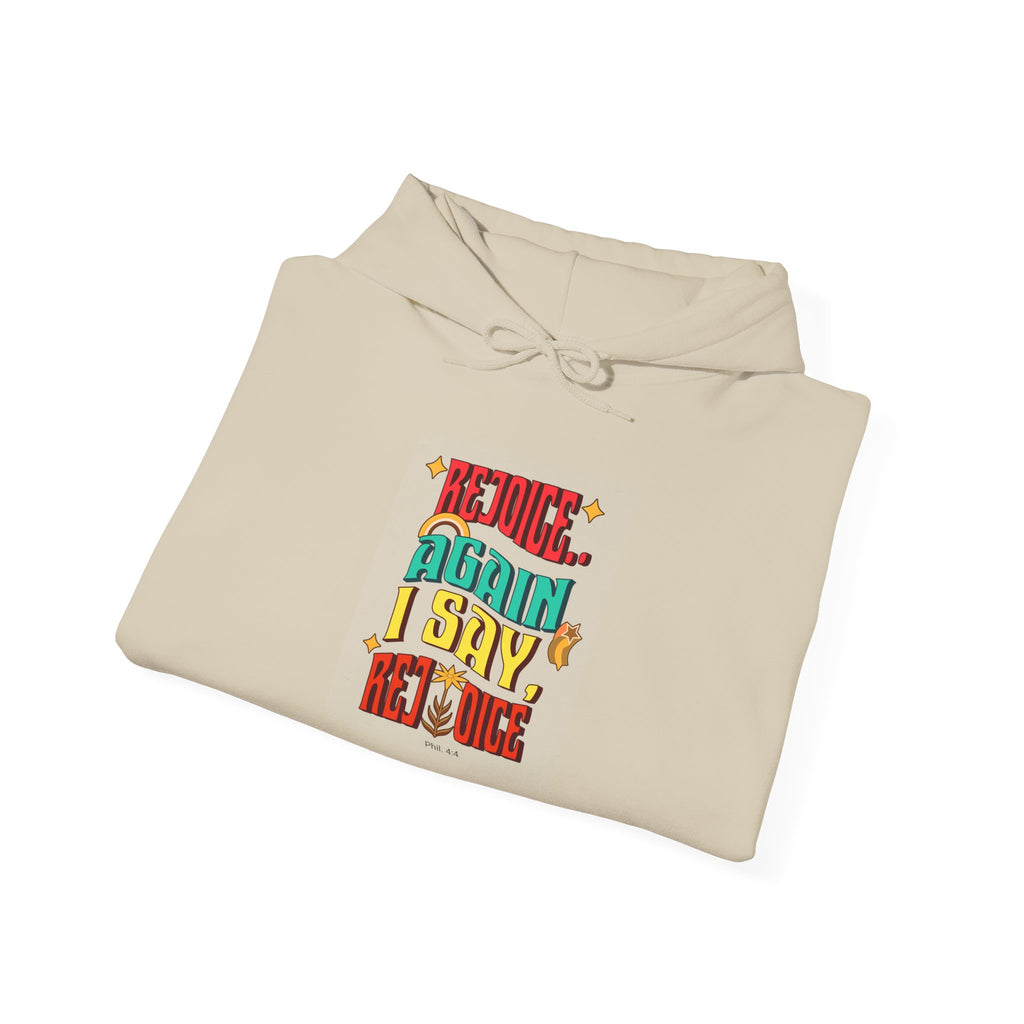 Retro Colorful Quote Hoodie — "Rejoice, again I say rejoice."