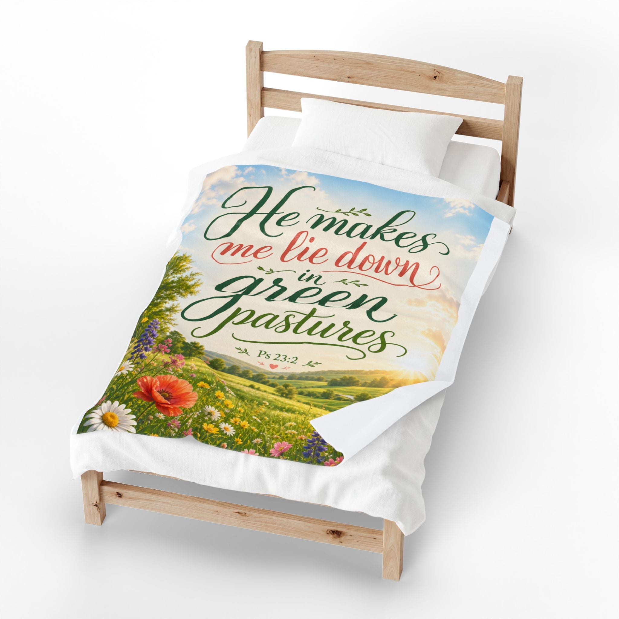 Velveteen Plush Blanket — "He Makes Me Lie Down in Green Pastures" Christian Scripture Throw