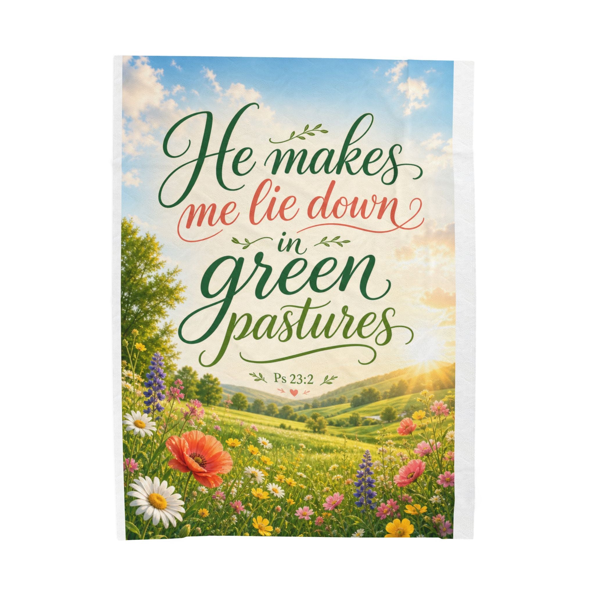 Velveteen Plush Blanket — "He Makes Me Lie Down in Green Pastures" Christian Scripture Throw